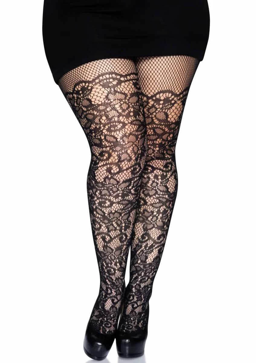 Plus panty met bloemenrankmotief en netstof